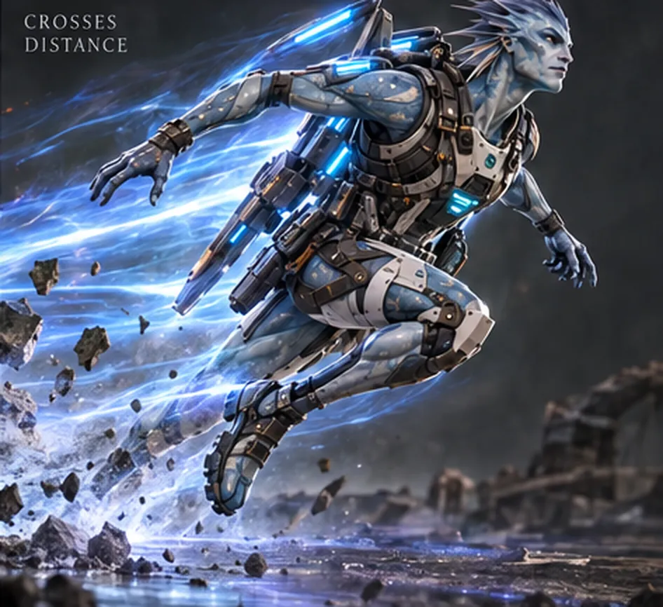 An Ithri Riftstrider leaps on a trail of blue thrust