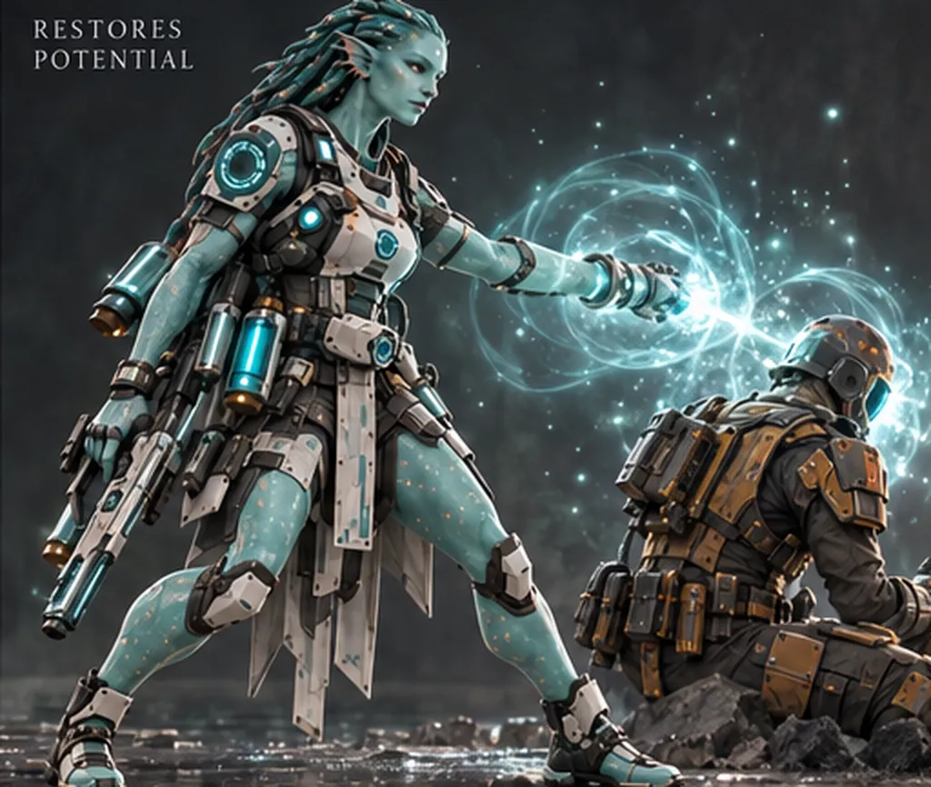 A Namarai Pulsewright sends a teal restoration pulse to a kneeling ally