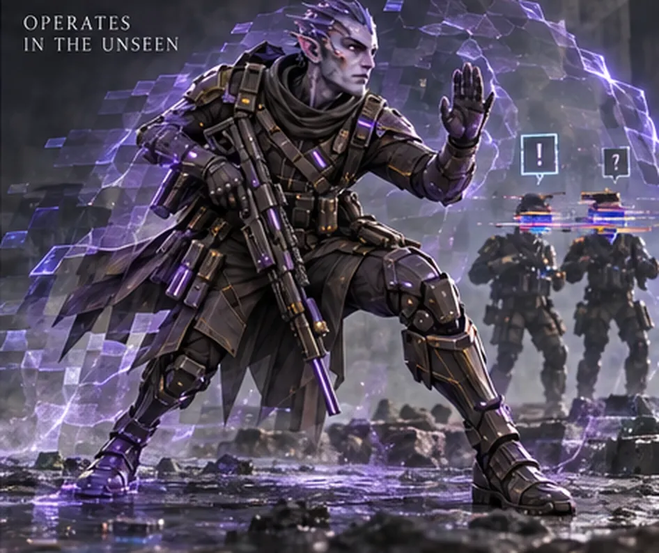 A Sileth Veilrunner marks two distant figures from inside a violet distortion