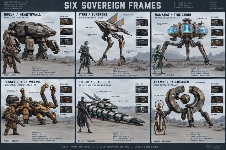 Concept board of six giant crewed machines