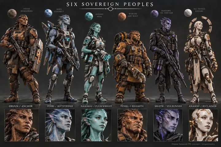 Concept board of the six humanoid peoples