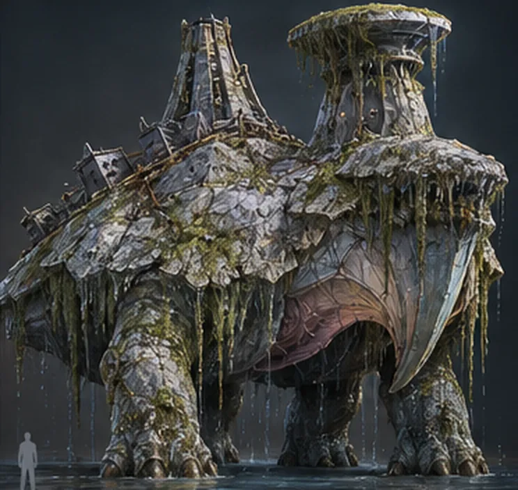 An enormous moss-covered four-legged animal with towers of filter growth on its back