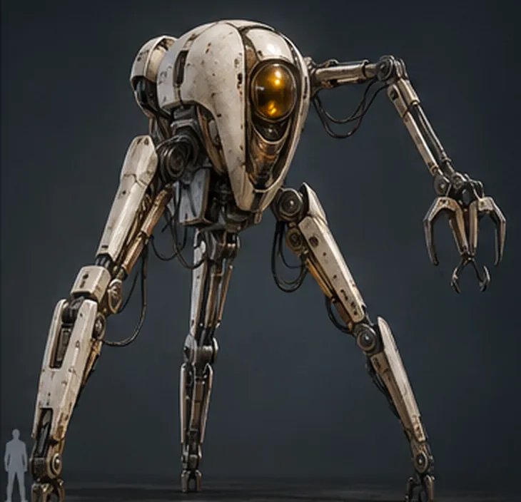 A pale three-legged machine with a single amber lens and a long tool arm