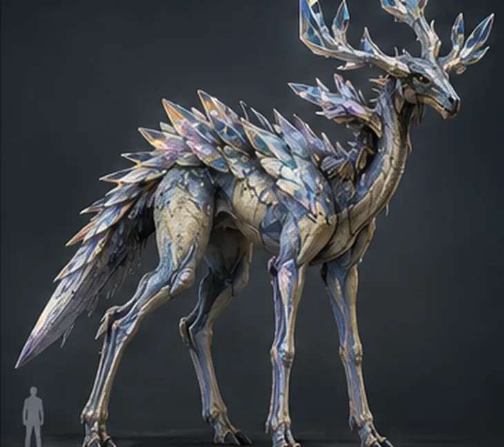A tall deer-like animal with crystalline antlers and a mineral mantle