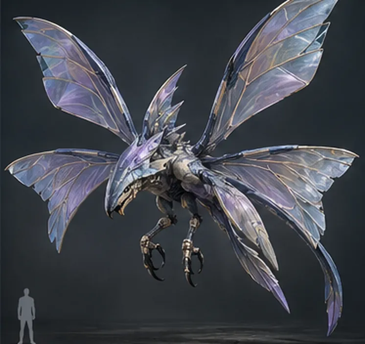 A four-winged flying predator with iridescent membranes and hooked feet