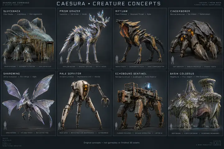 Eight proposed native creatures and ancient constructs, including Sluiceback, Riftjaw and the expansion-scale Basin Colossus.
