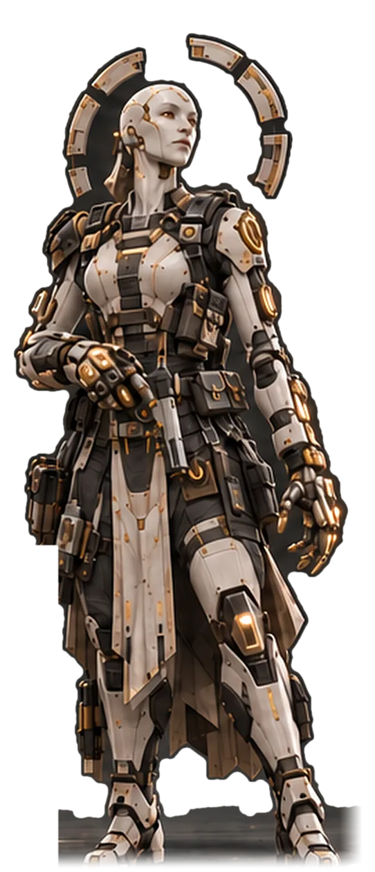Anamni Reclaimer concept: an artificial person in ivory ceramic and copper, with a broken halo worn on the back