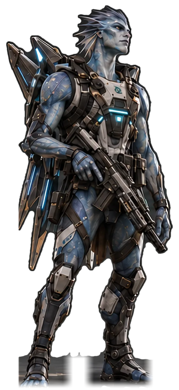Ithri Riftstrider concept: a tall, lean, blue-scaled soldier with swept back fins and a rifle