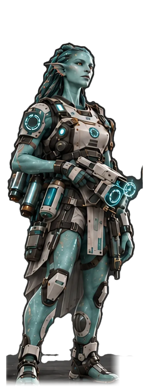 Namarai Pulsewright concept: a teal-skinned amphibious soldier with restoration cartridges and a glowing emitter