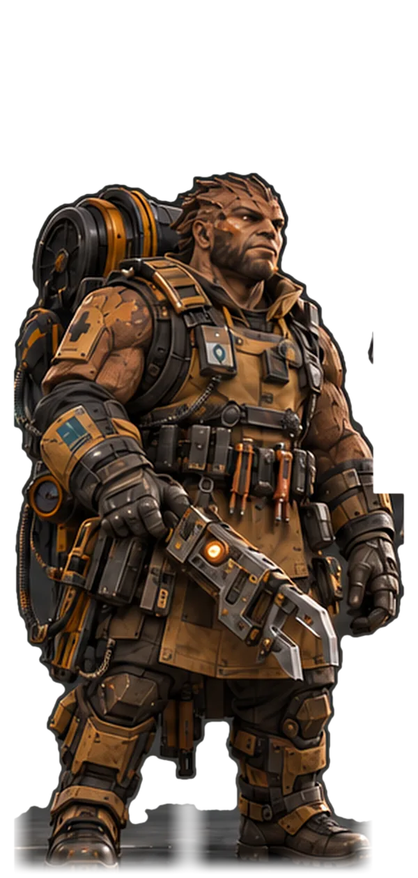 Tessel Rigsmith concept: a short, broad, amber-skinned engineer with a cable drum and a heavy clamp tool
