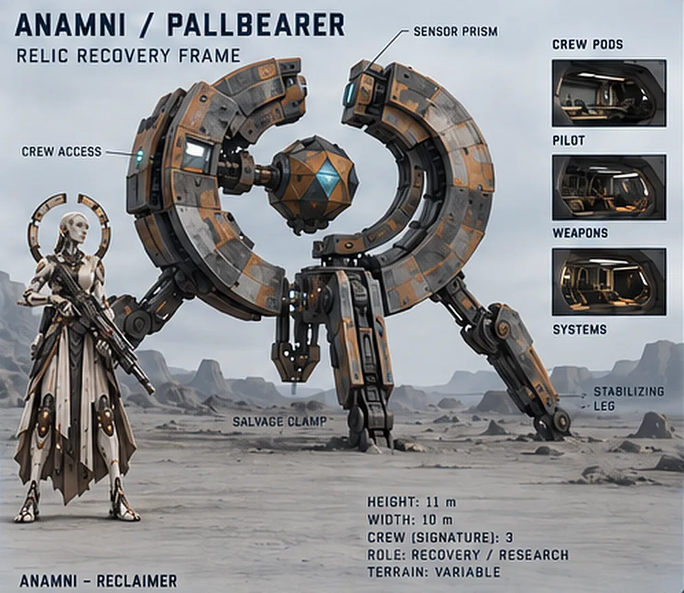 Pallbearer concept sheet: a broken ring crane on three legs with a relic core beside an Anamni reclaimer for scale