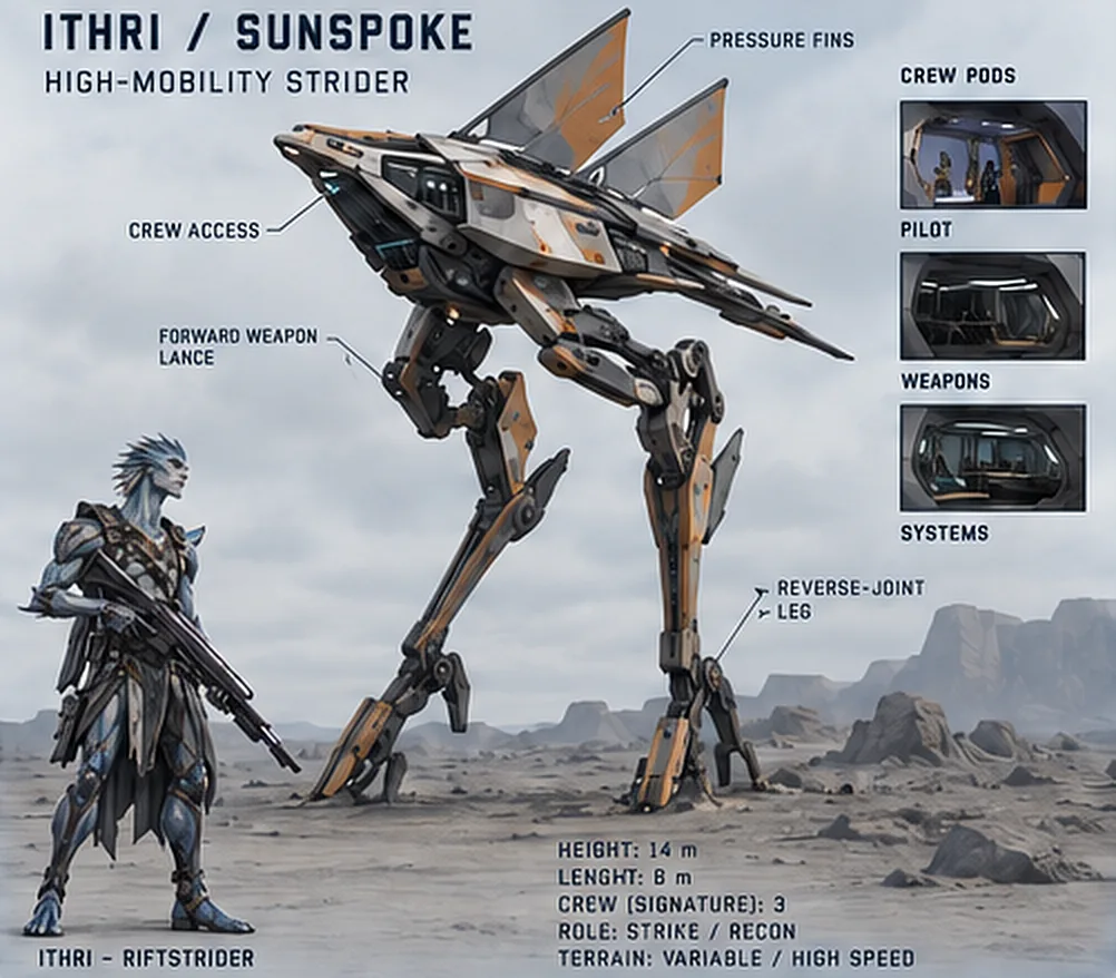 Sunspoke concept sheet: a tall two-legged strider with swept fins beside an Ithri soldier for scale