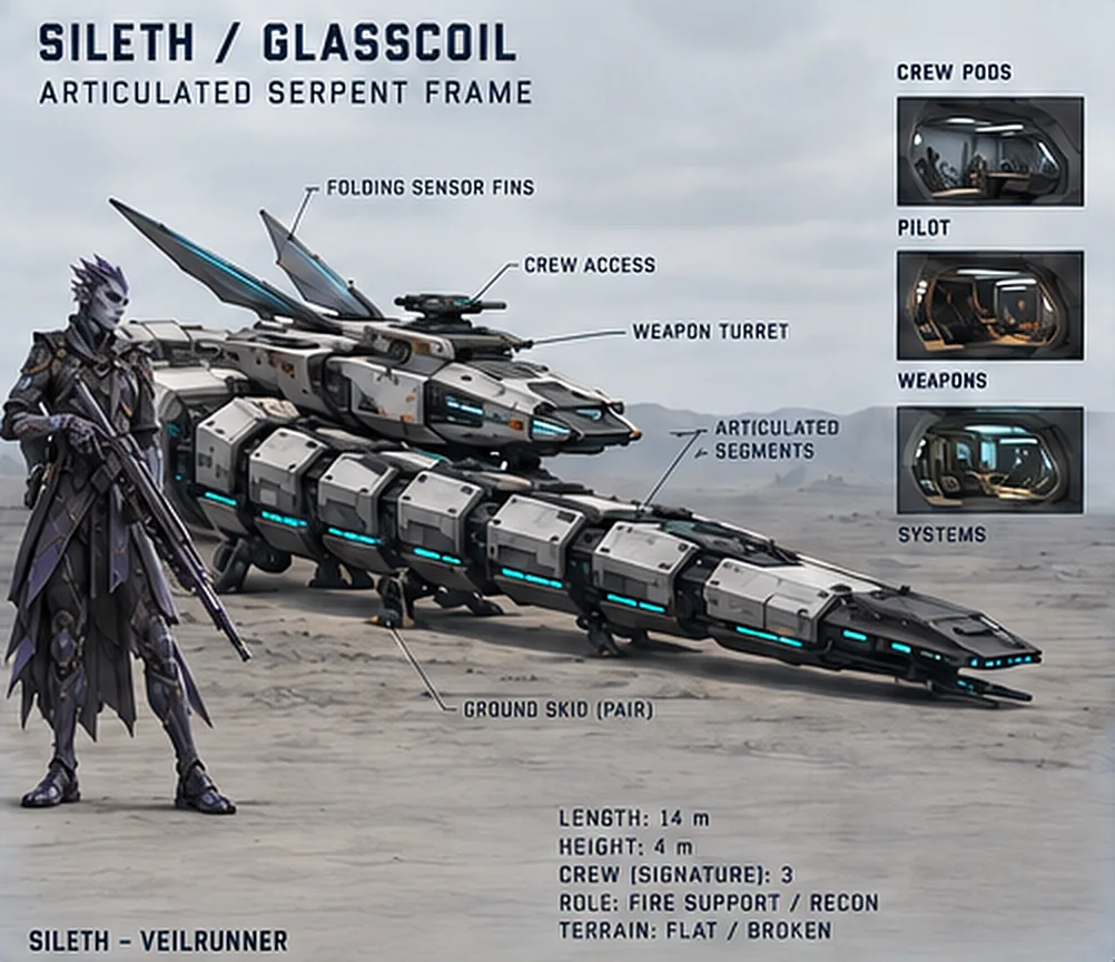 Glasscoil concept sheet: a long, low, segmented machine with folding sensor fins beside a Sileth scout for scale